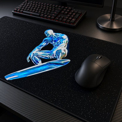 Silver Surfer Cosmic Marvel Playmat at an angle on a gaming desk
