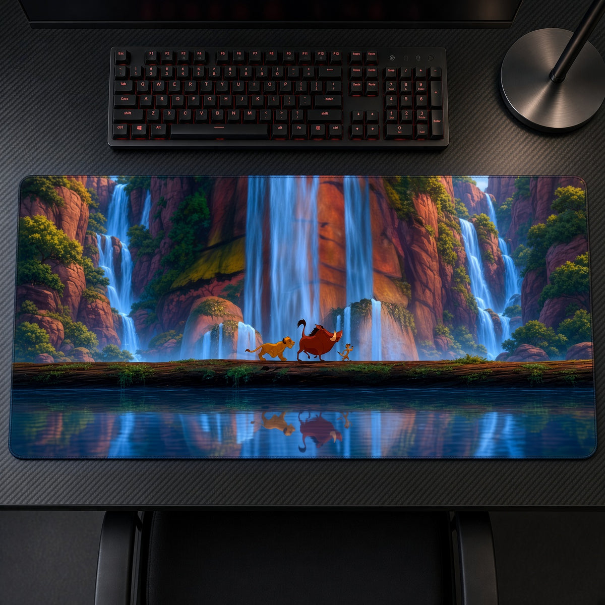 Simba Timon and Pumbaa Waterfall The Lion King Playmat on a gaming desk, top-down view