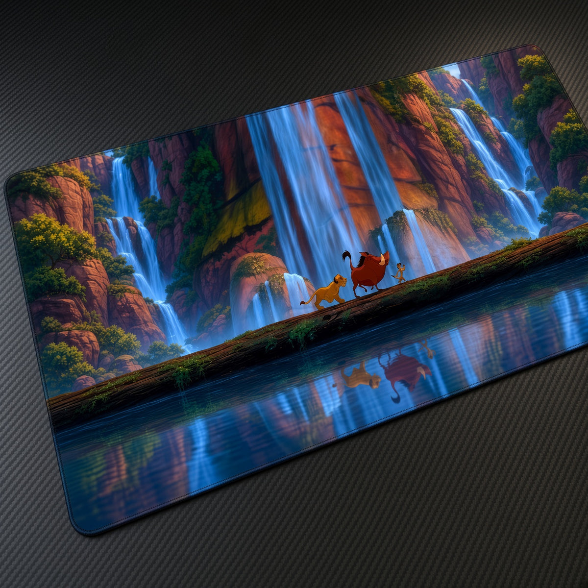 Simba Timon and Pumbaa Waterfall The Lion King Playmat at an angle on a gaming desk