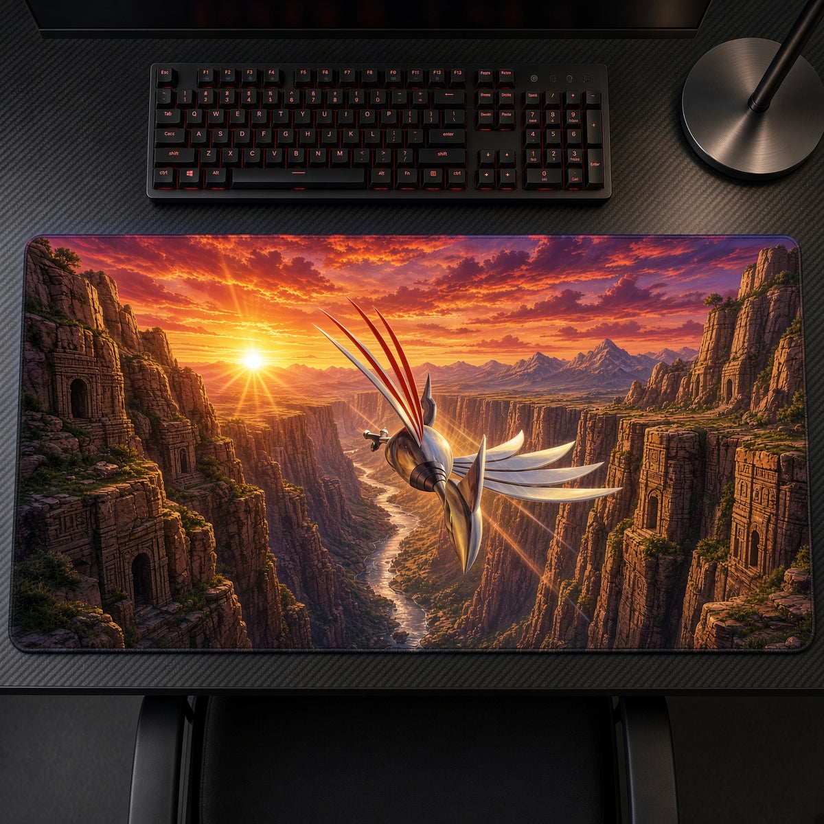 Skarmory Sunset Canyon Pokémon Playmat on a gaming desk, top-down view
