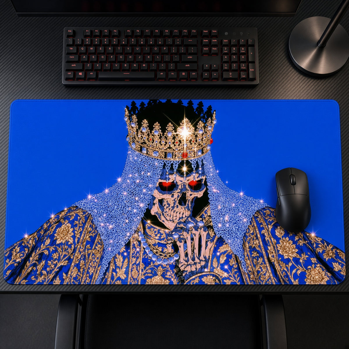 Skeleton King Gold Crown Fantasy Playmat on a gaming desk, top-down view