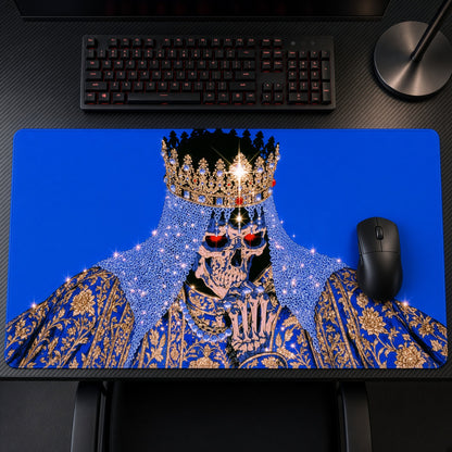 Skeleton King Gold Crown Fantasy Playmat on a gaming desk, top-down view
