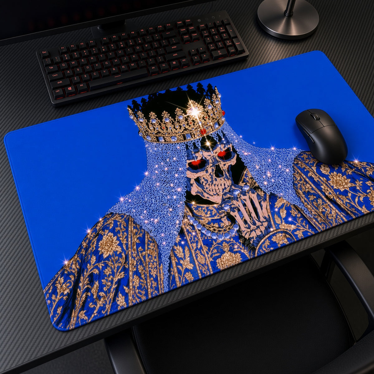 Skeleton King Gold Crown Fantasy Playmat at an angle with keyboard and mouse