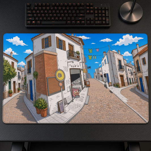 Slowpoke Seaside Town Pokémon Playmat at an angle with keyboard and mouse