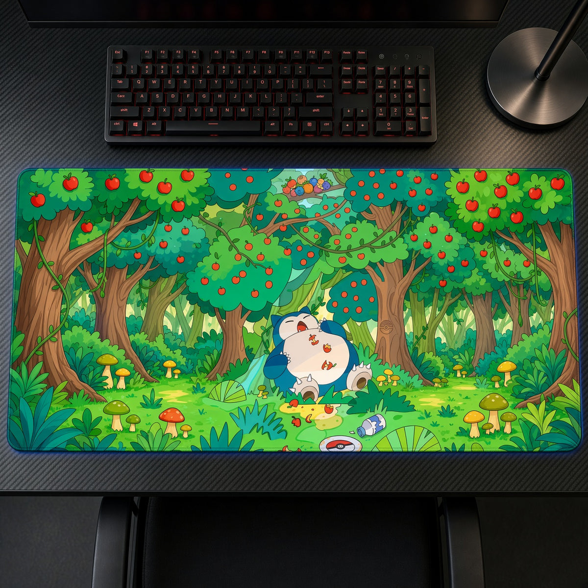 Snorlax Apple Forest Pokémon Playmat on a gaming desk, top-down view