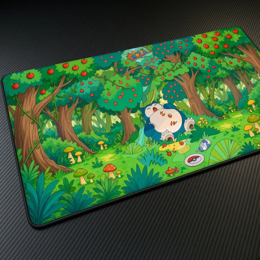 Snorlax Apple Forest Pokémon Playmat at an angle with keyboard and mouse