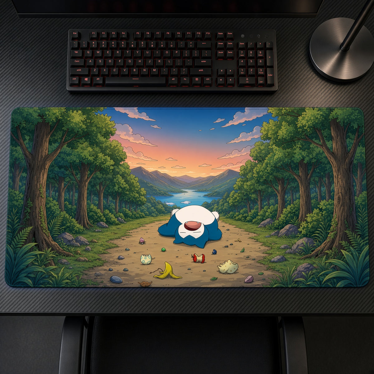 Snorlax Forest Path Pokémon Playmat on a gaming desk, top-down view