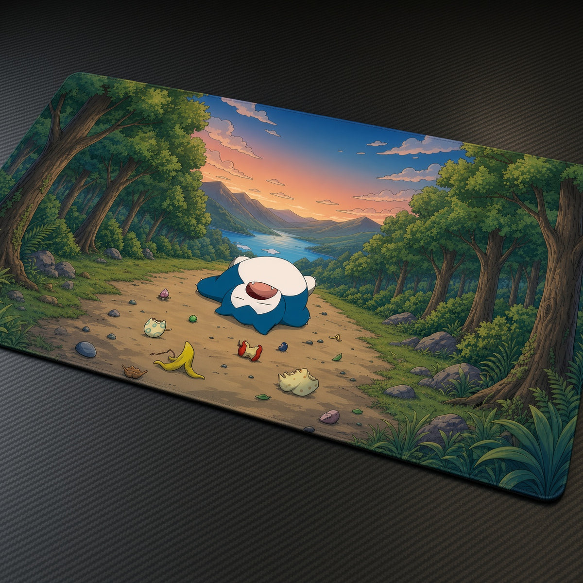 Snorlax Forest Path Pokémon Playmat at an angle with keyboard and mouse