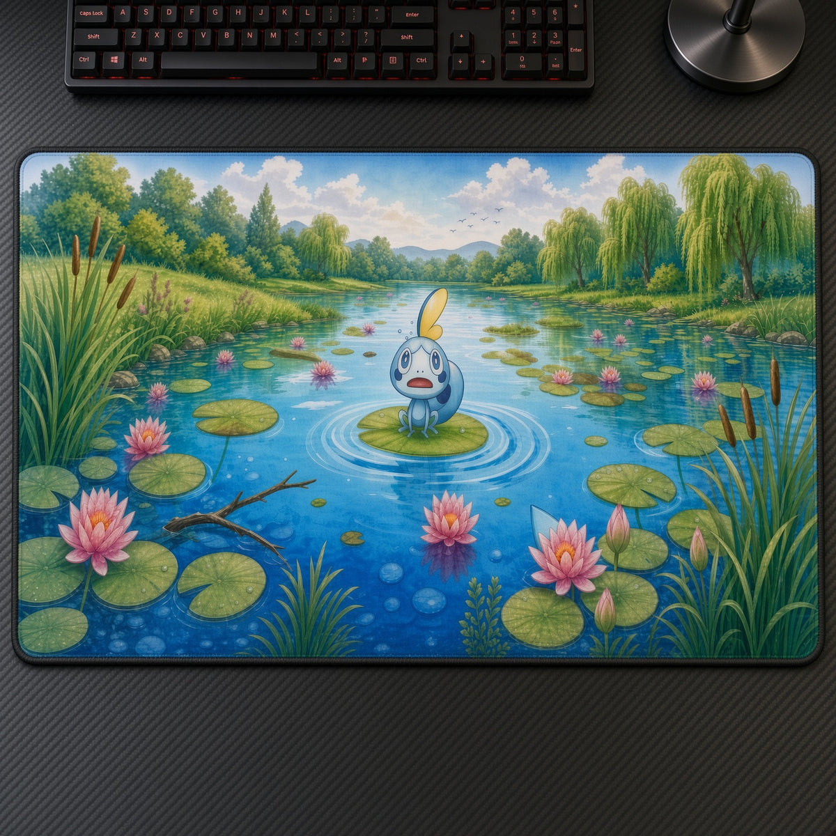 Sobble Lily Pond Pokémon Playmat at an angle with keyboard and mouse