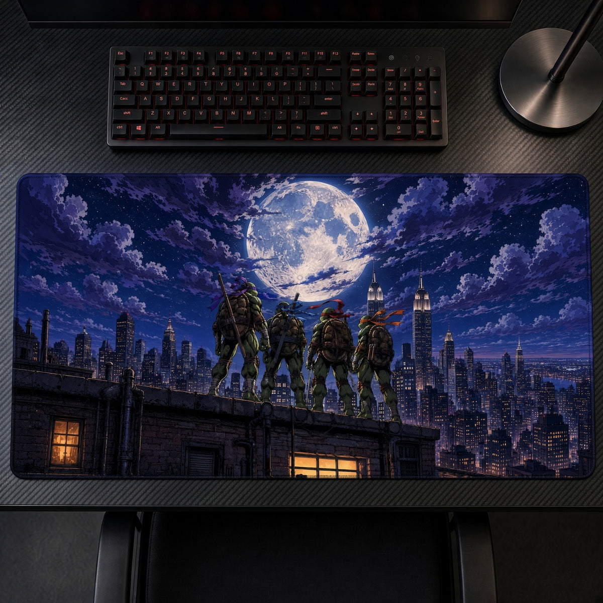 Soldiers Full Moon Rooftop Playmat on a gaming desk, top-down view
