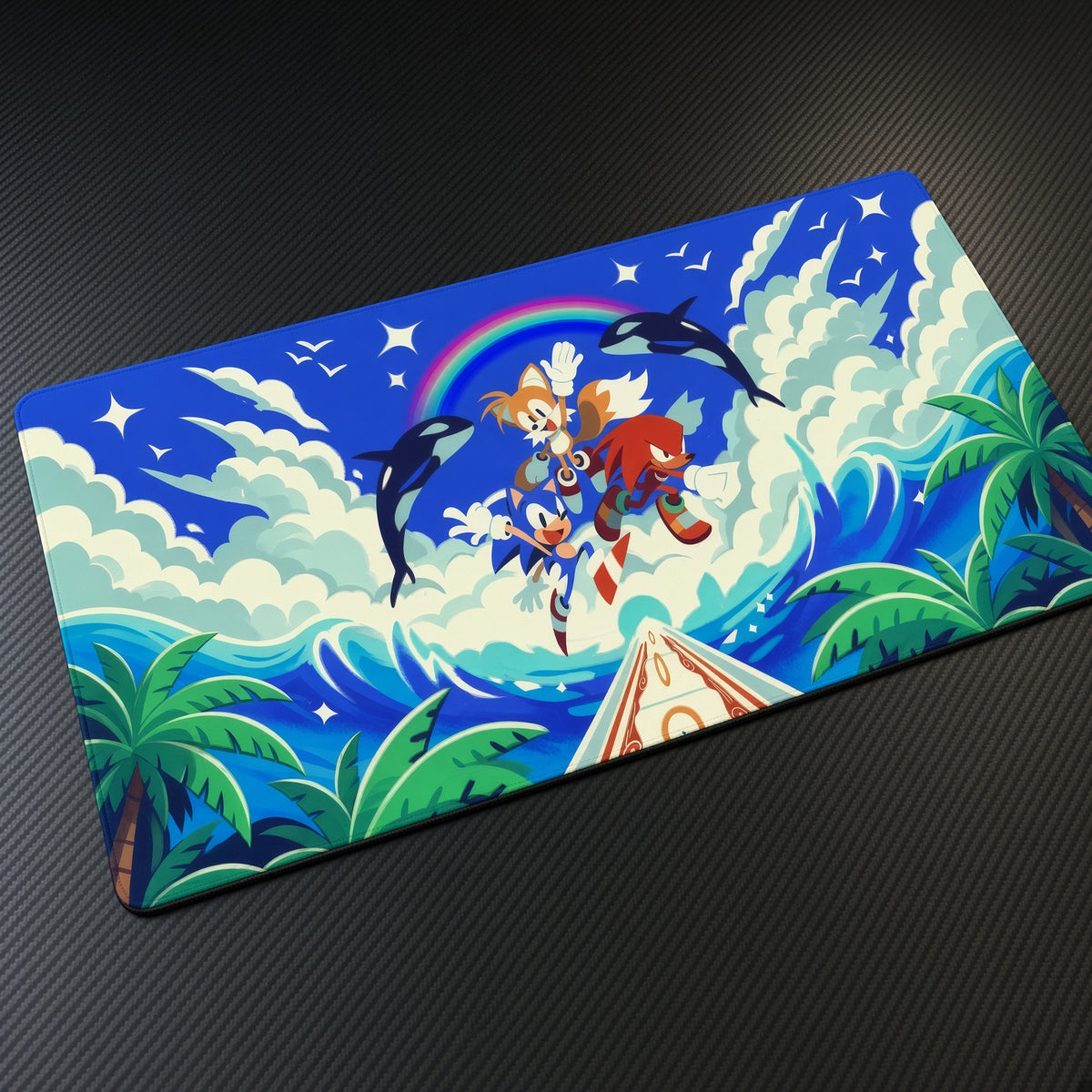 Sonic Tails and Knuckles Rainbow Road Sonic Playmat at an angle on a gaming desk