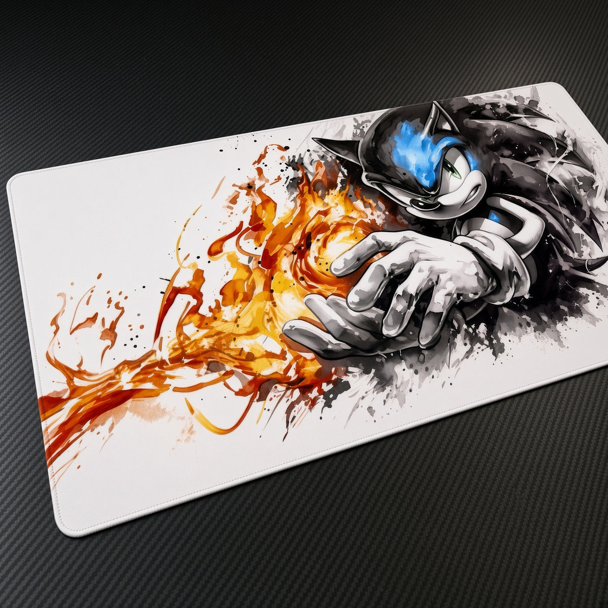 Sonic Sega Speedway playmat at an angle on a gaming desk