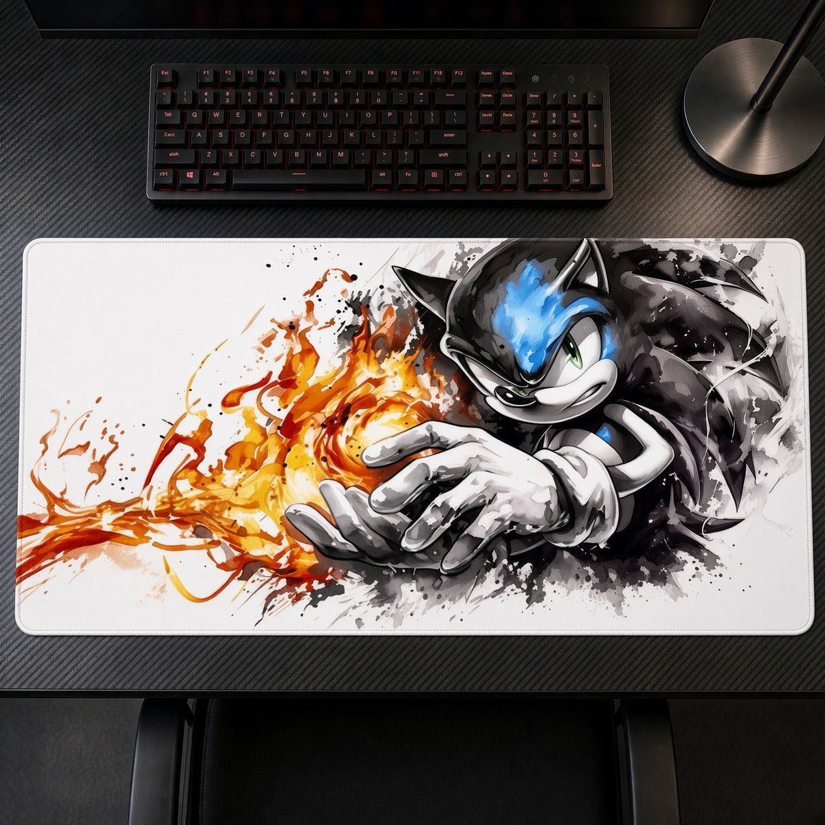 Sonic Sega Speedway playmat on a gaming desk, top-down view
