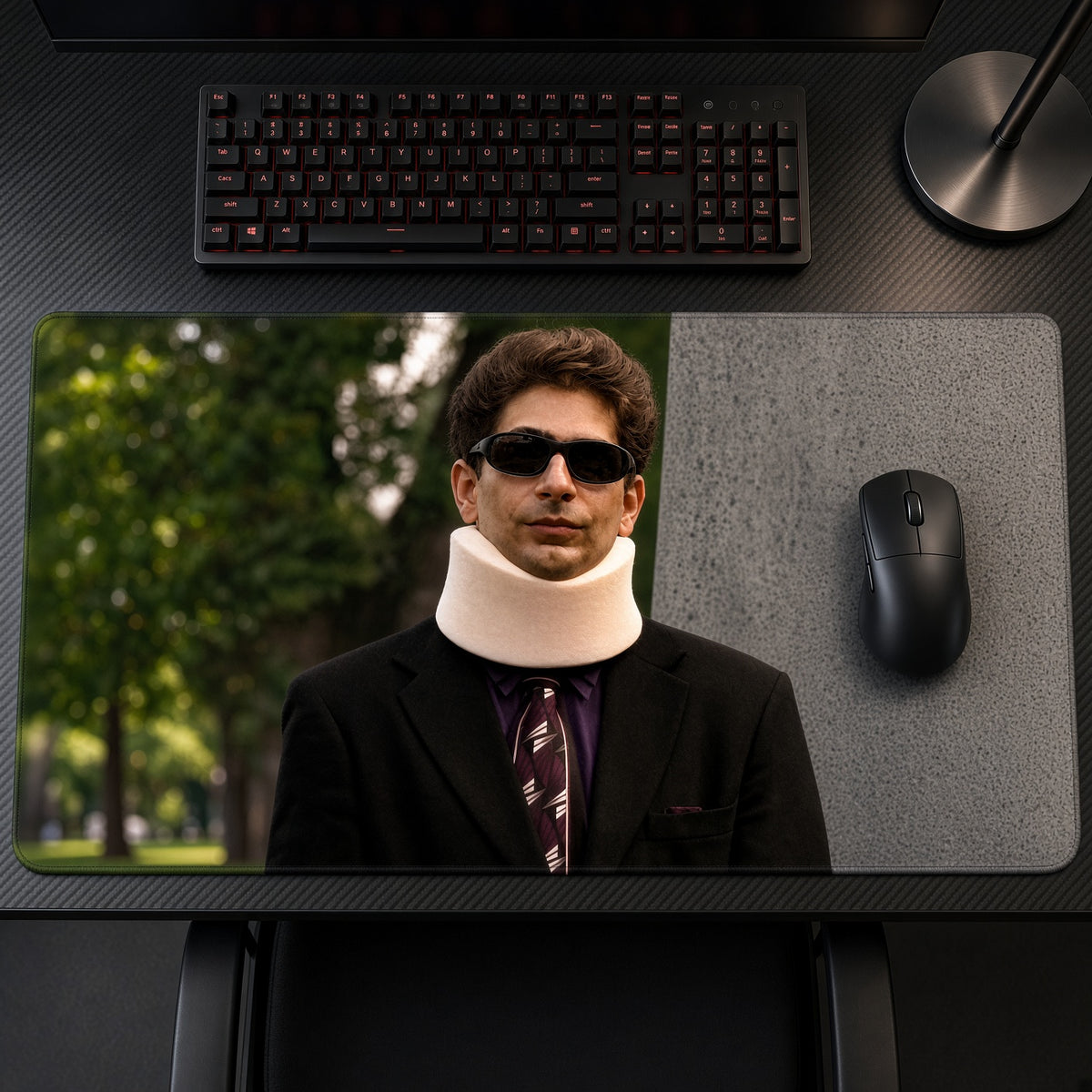 Sopranos Neck Brace Playmat on a gaming desk, top-down view
