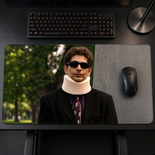 Sopranos Neck Brace Playmat on a gaming desk, top-down view