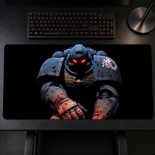 Space Marine Warhammer 40K Playmat on a gaming desk, top-down view