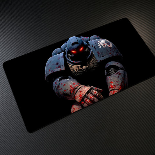 Space Marine Warhammer 40K Playmat at an angle on a gaming desk