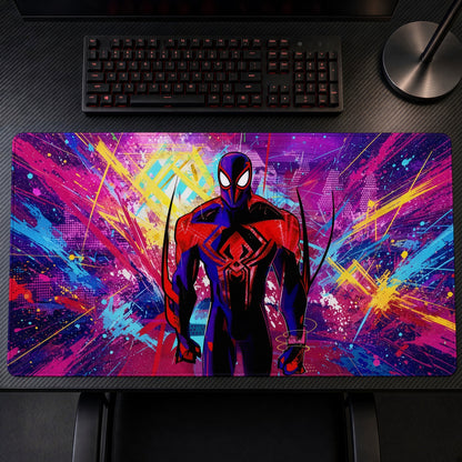 Spider-Man 2099 Marvel Playmat on a gaming desk, top-down view