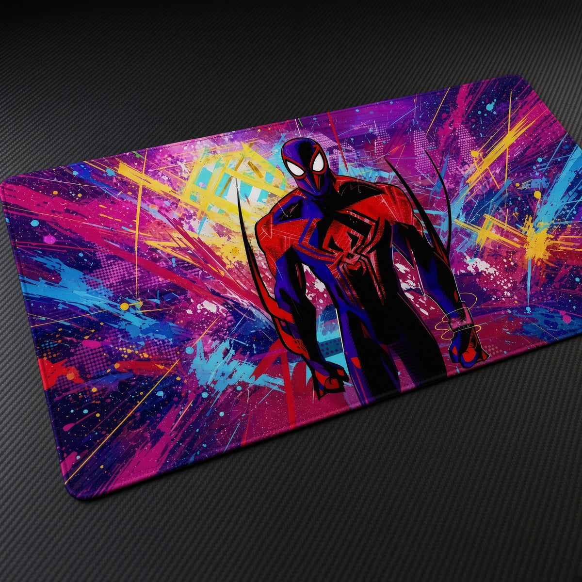 Spider-Man 2099 Marvel Playmat at an angle on a gaming desk