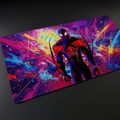 Spider-Man 2099 Marvel Playmat at an angle on a gaming desk