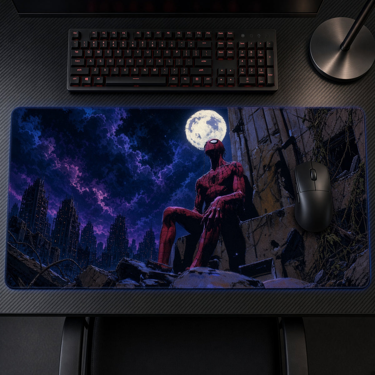 Spider-Man Full Moon Ruins Marvel Playmat on a gaming desk, top-down view