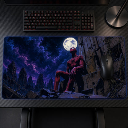 Spider-Man Full Moon Ruins Marvel Playmat on a gaming desk, top-down view
