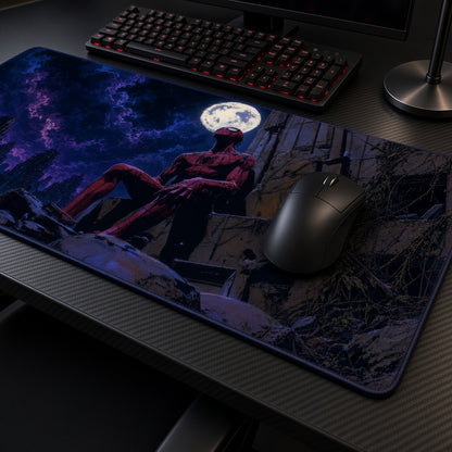 Spider-Man Full Moon Ruins Marvel Playmat at an angle with keyboard and mouse