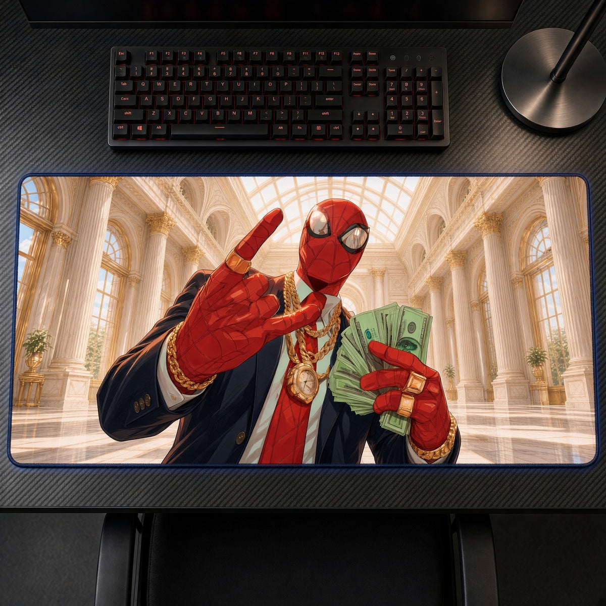 Spider-Man Money Palace Playmat on a gaming desk, top-down view