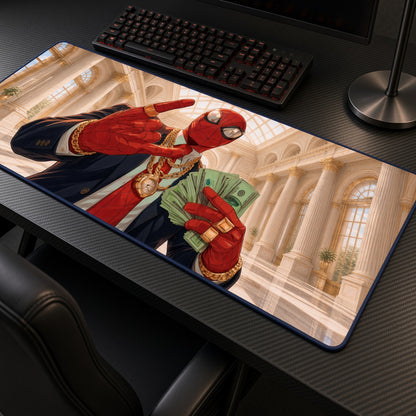 Spider-Man Money Palace Playmat at an angle on a gaming desk