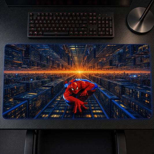 Spider-Man Neon City Grid Marvel Playmat on a gaming desk, top-down view