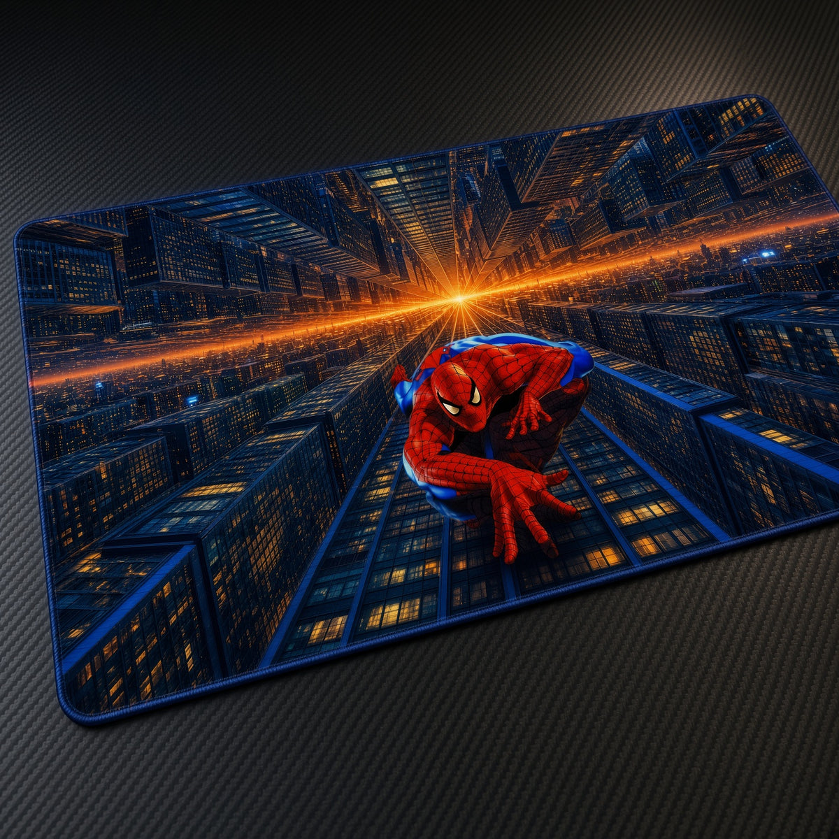 Spider-Man Neon City Grid Marvel Playmat at an angle on a gaming desk