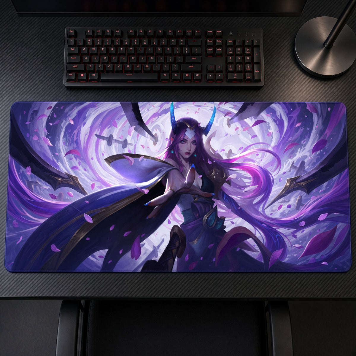 Spirit Blossom Irelia League of Legends Playmat on a gaming desk, top-down view