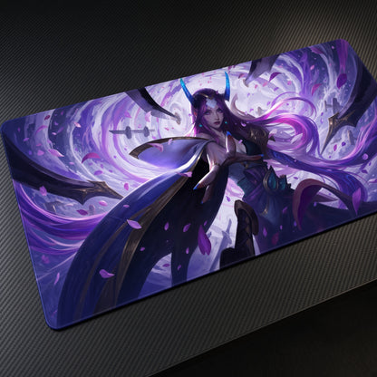 Spirit Blossom Irelia League of Legends Playmat at an angle on a gaming desk