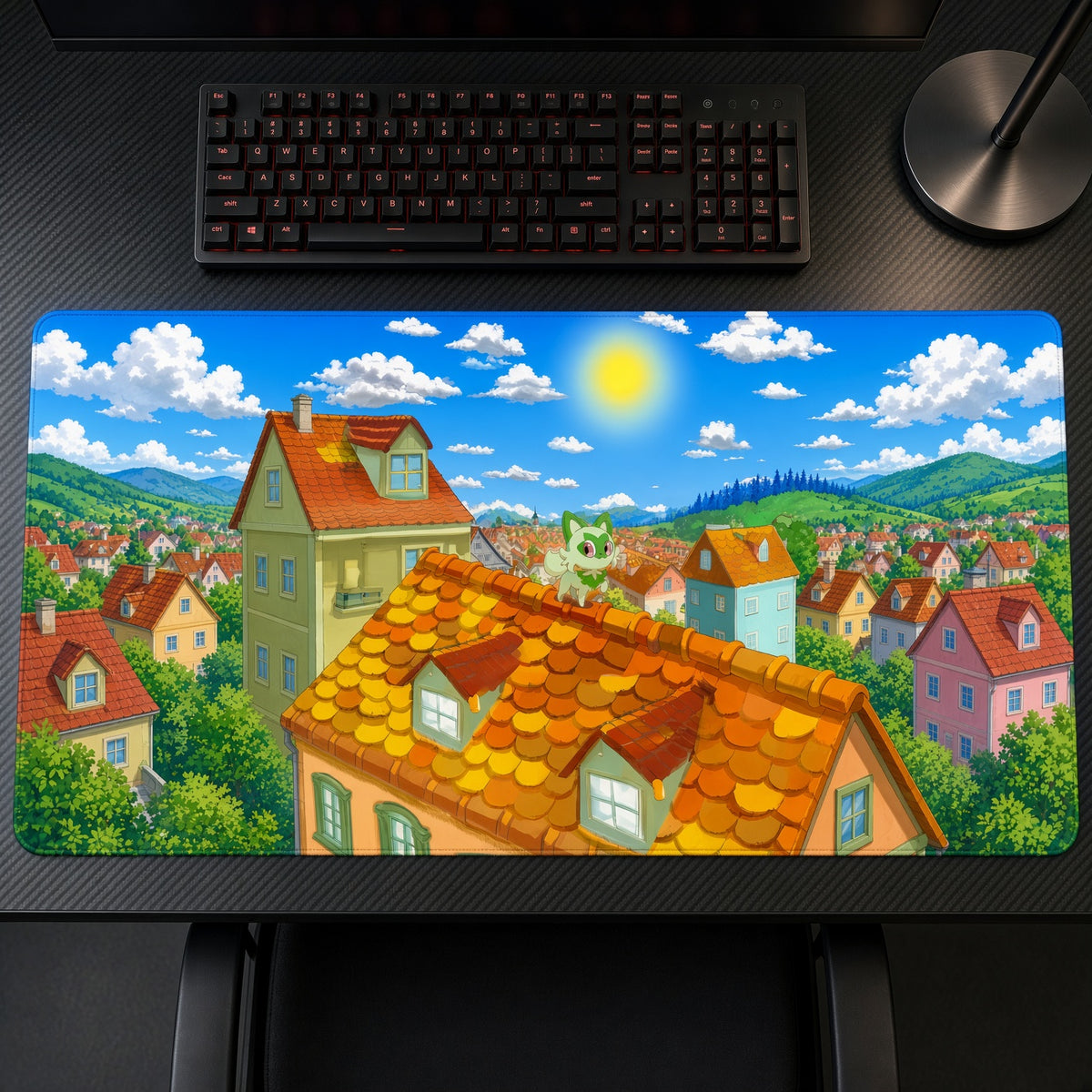 Sprigatito Rooftop Town Pokémon Playmat on a gaming desk, top-down view