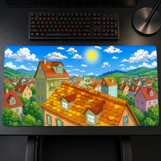Sprigatito Rooftop Town Pokémon Playmat on a gaming desk, top-down view