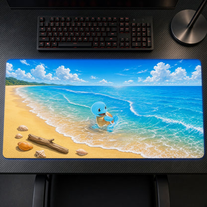 Squirtle Beach Waves Pokémon Playmat on a gaming desk, top-down view