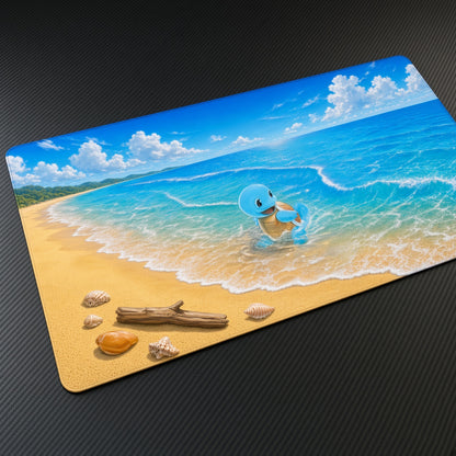 Squirtle Beach Waves Pokémon Playmat at an angle with keyboard and mouse