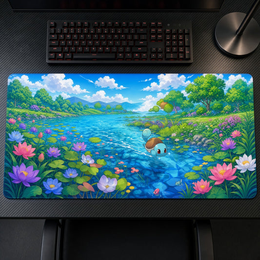 Squirtle Lotus River Pokémon Playmat on a gaming desk, top-down view