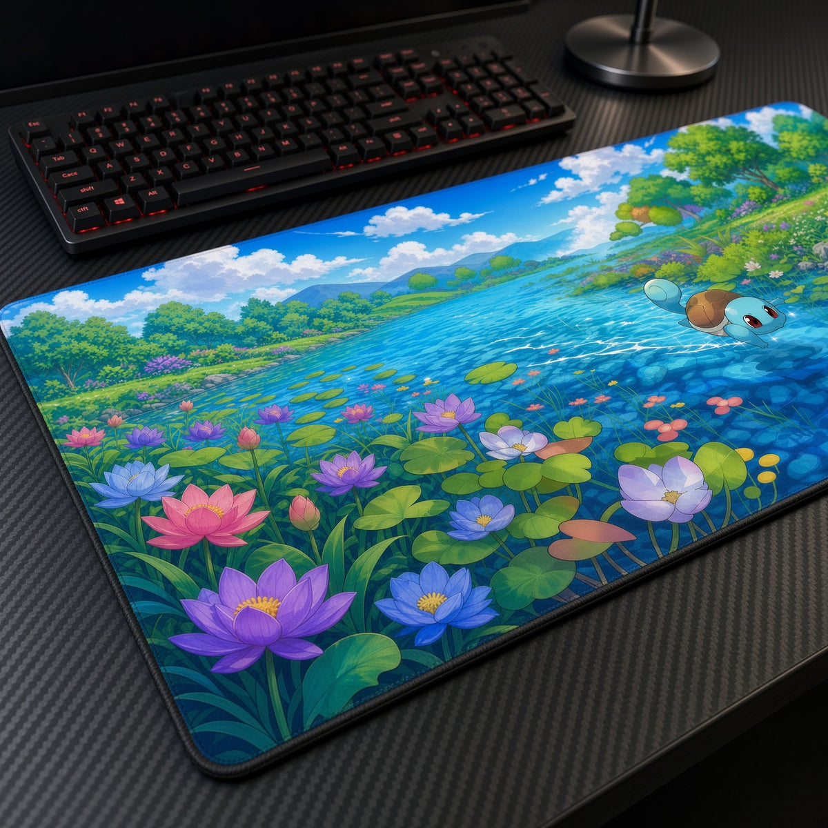 Squirtle Lotus River Pokémon Playmat at an angle with keyboard and mouse