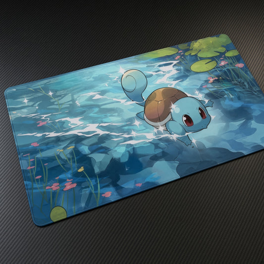 Squirtle Pocket Splash playmat at an angle on a gaming desk