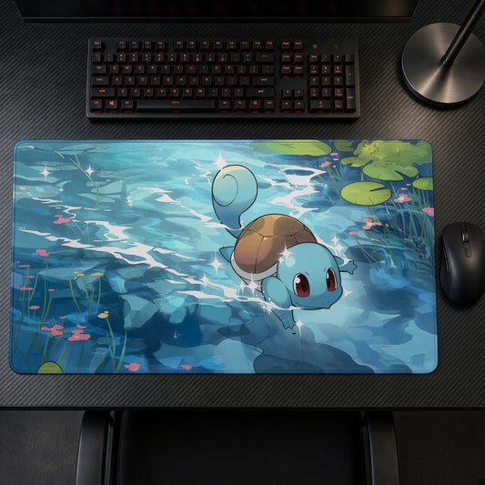 Squirtle Pocket Splash playmat on a gaming desk, top-down view