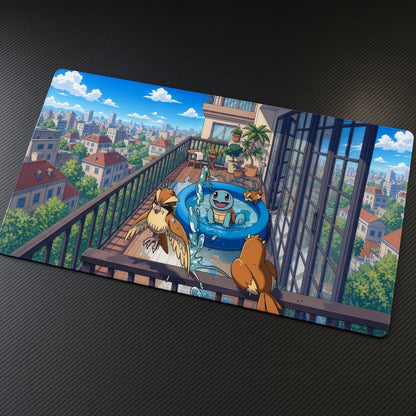 Squirtle Pool Balcony Pokémon Playmat at an angle on a gaming desk