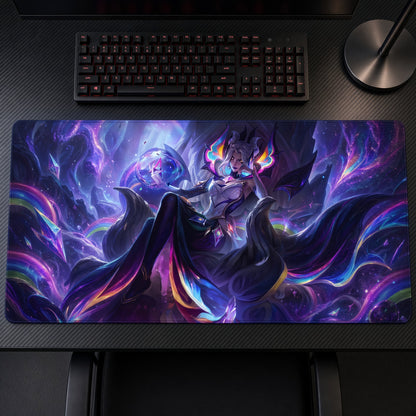 Star Nemesis Morgana League of Legends Playmat on a gaming desk, top-down view