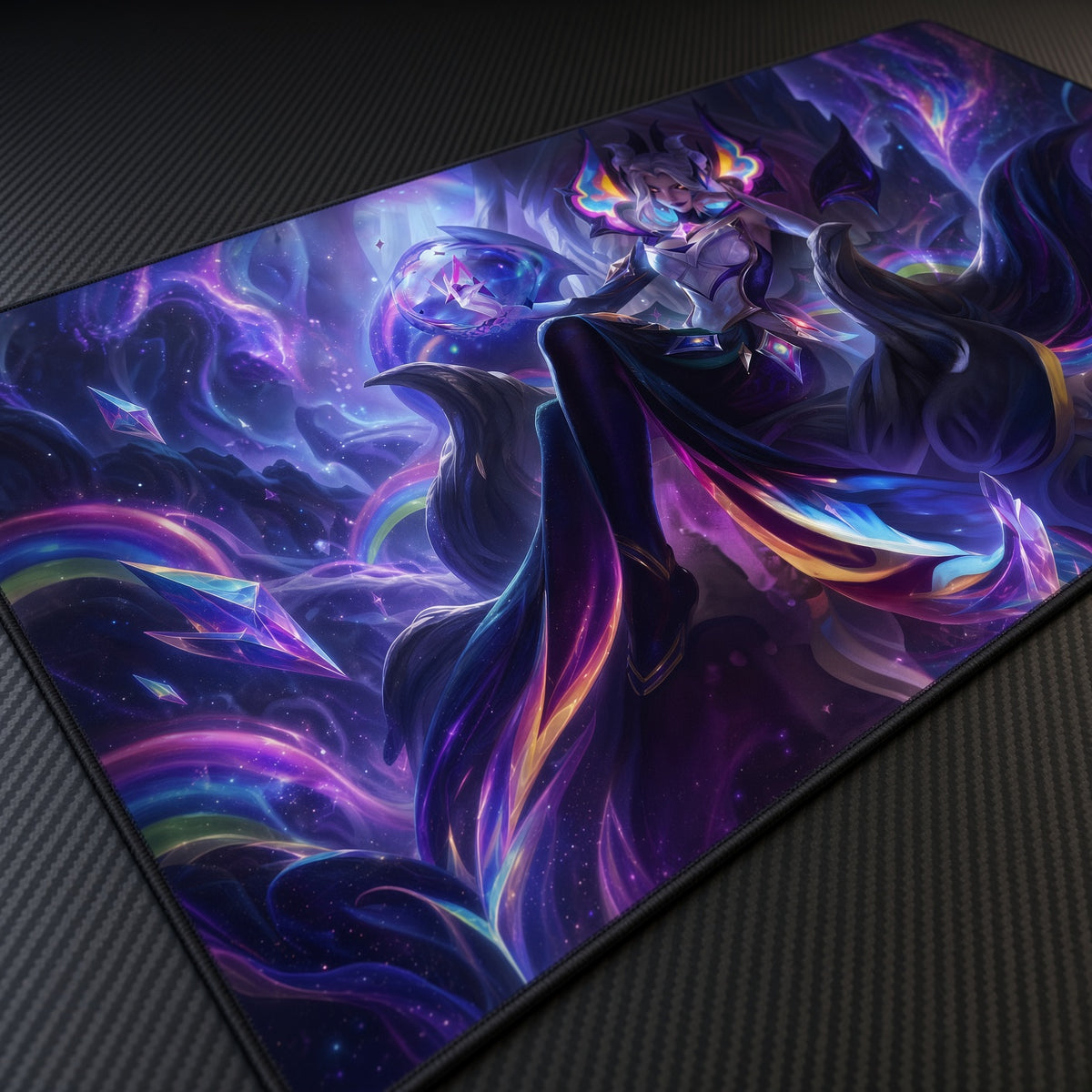 Star Nemesis Morgana League of Legends Playmat at an angle on a gaming desk