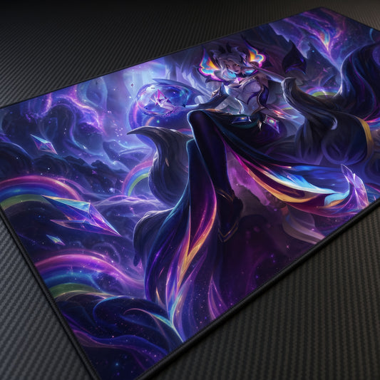 Star Nemesis Morgana League of Legends Playmat at an angle on a gaming desk