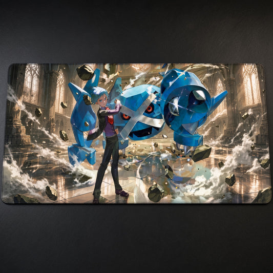Steven Stone and Metagross Pokémon Playmat at an angle on a gaming desk