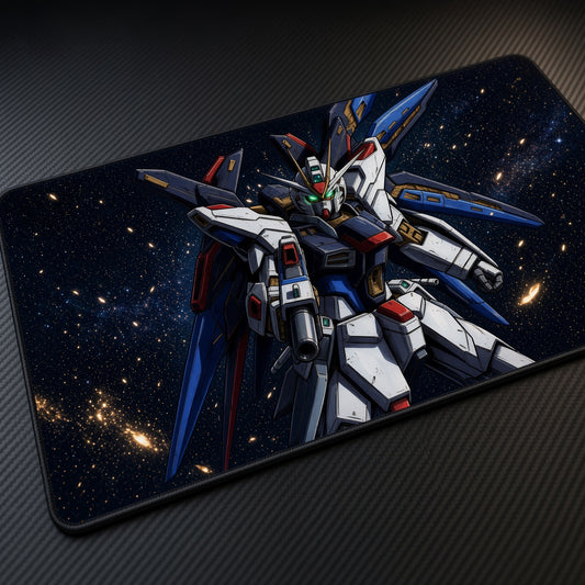 Strike Freedom Gundam Space Playmat at an angle on a gaming desk