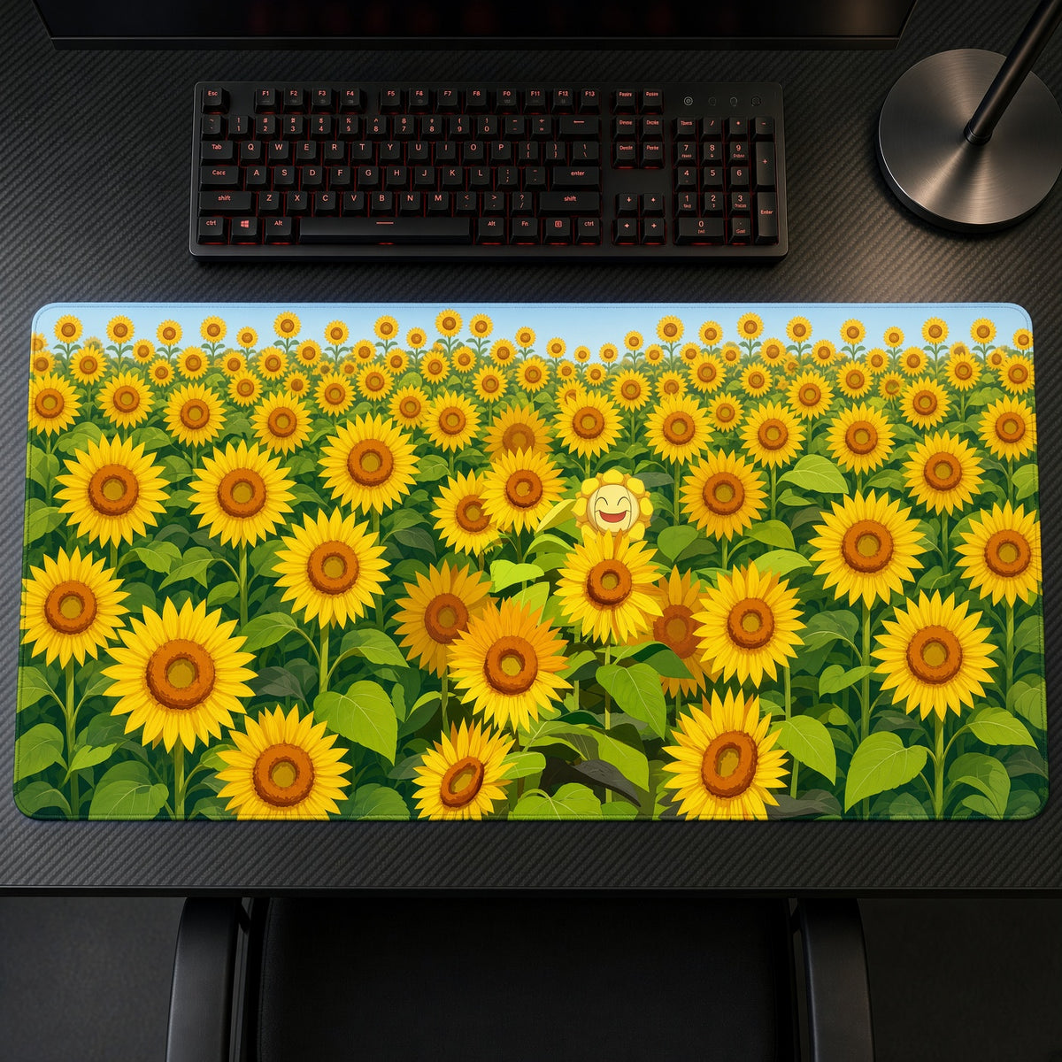 Sunflora Sunflower Field Pokémon Playmat on a gaming desk, top-down view