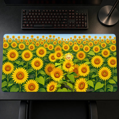 Sunflora Sunflower Field Pokémon Playmat on a gaming desk, top-down view