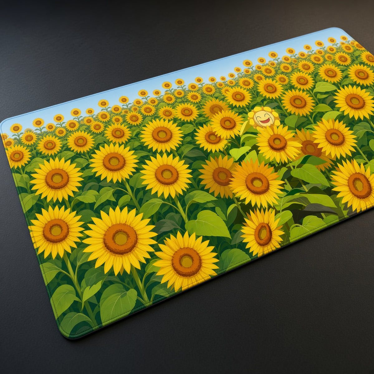 Sunflora Sunflower Field Pokémon Playmat at an angle with keyboard and mouse
